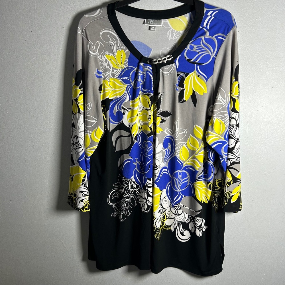 JM Collection Woman 2X Tunic Top Blue Yellow Floral Rhinestone Chain Neck